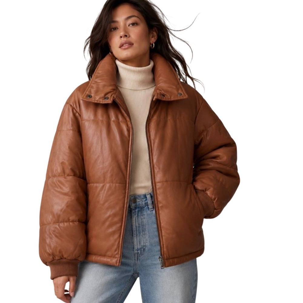 By Anthropologie Faux Leather Puffer Jacket Women 1X Brown Quilted Zip NWT &128